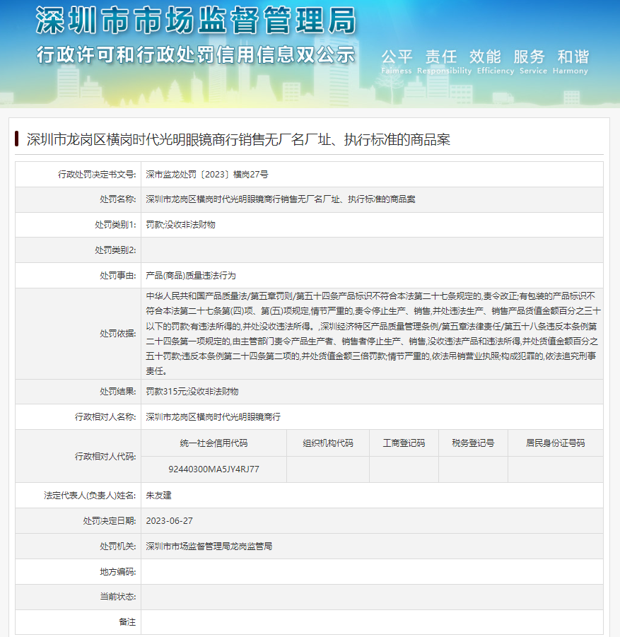 深圳市龙岗区横岗时代光明眼镜商行销售无厂名厂址,执行标准的商品案