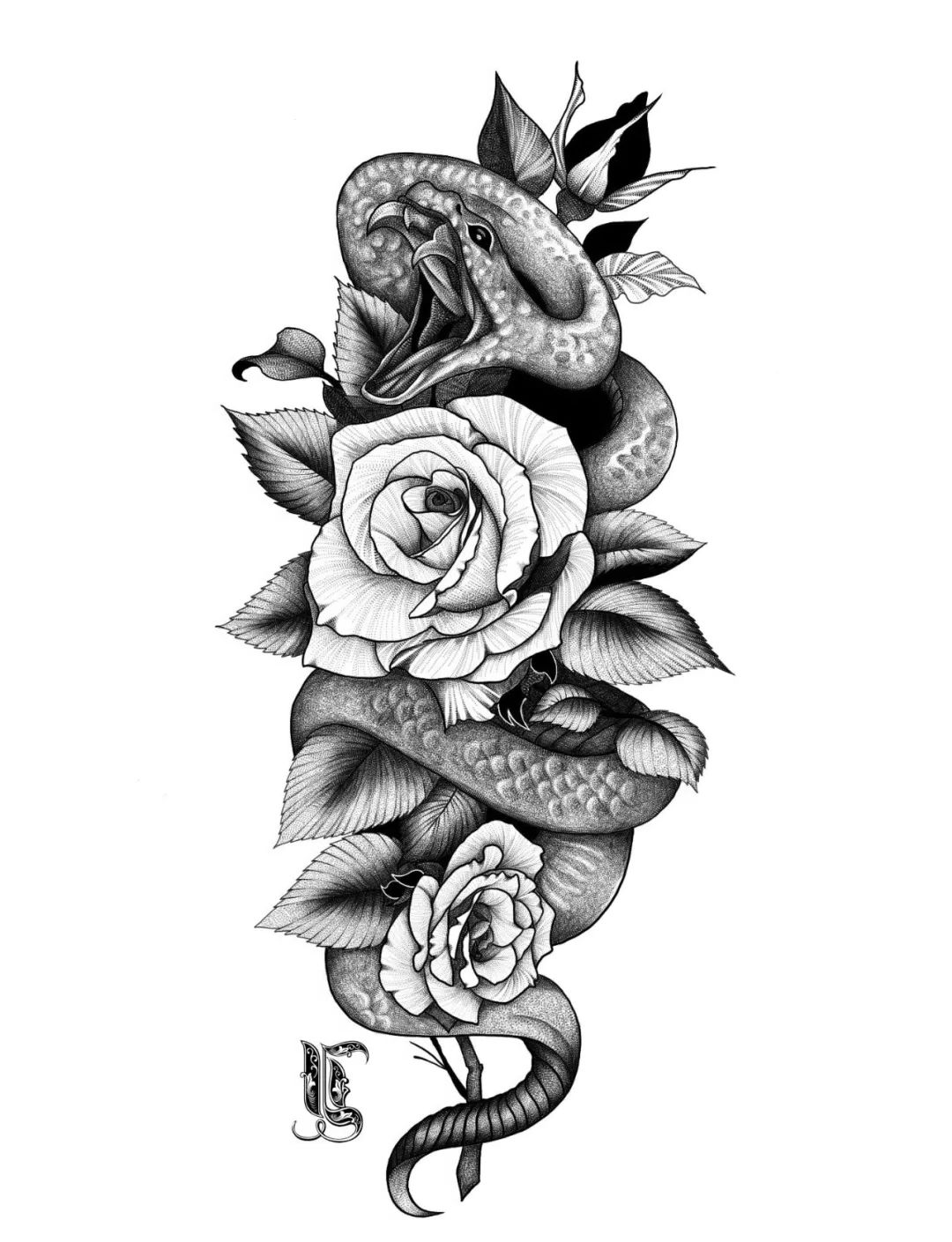 蛇与花纹身手稿素材的多样化设计分享