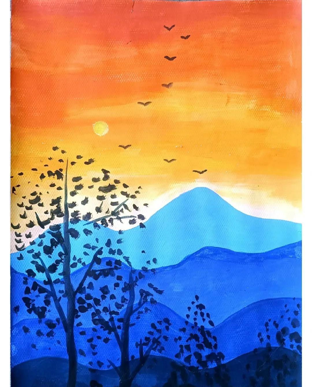 秋日美景儿童水粉画,感受大自然的独特色彩与丰富构图