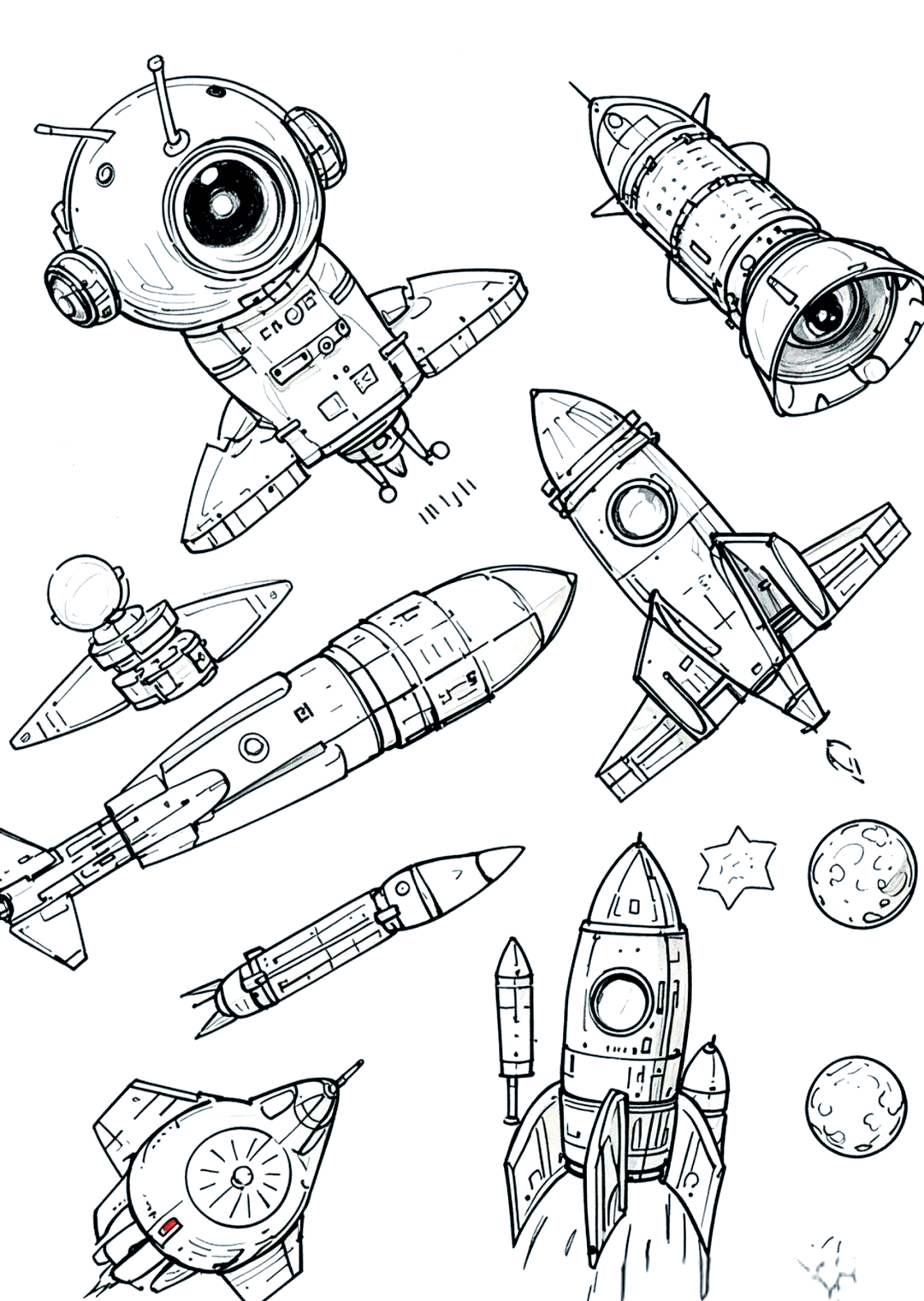 你能创作出65幅主题鲜明,细节饱满,充满未来科技感的黑白线稿简笔画