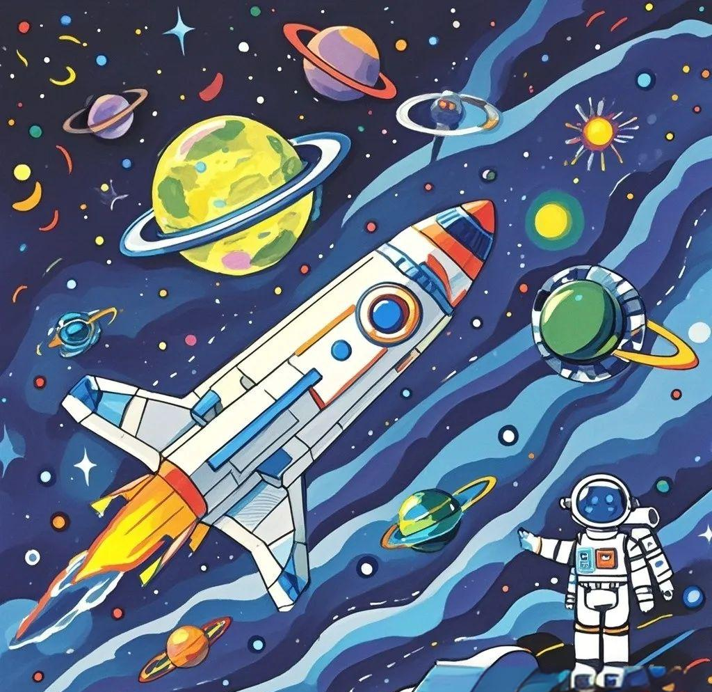 众多航天航空与太空科幻题材的创意绘画素材,适合小学阶段儿童绘画