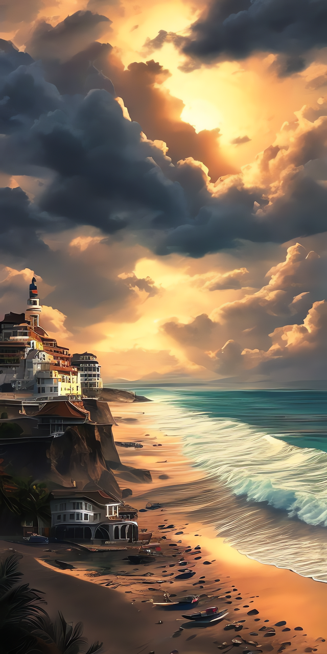 手机壁纸,海滨小城,白云,夕阳,大海和沙滩,美丽的度假胜地