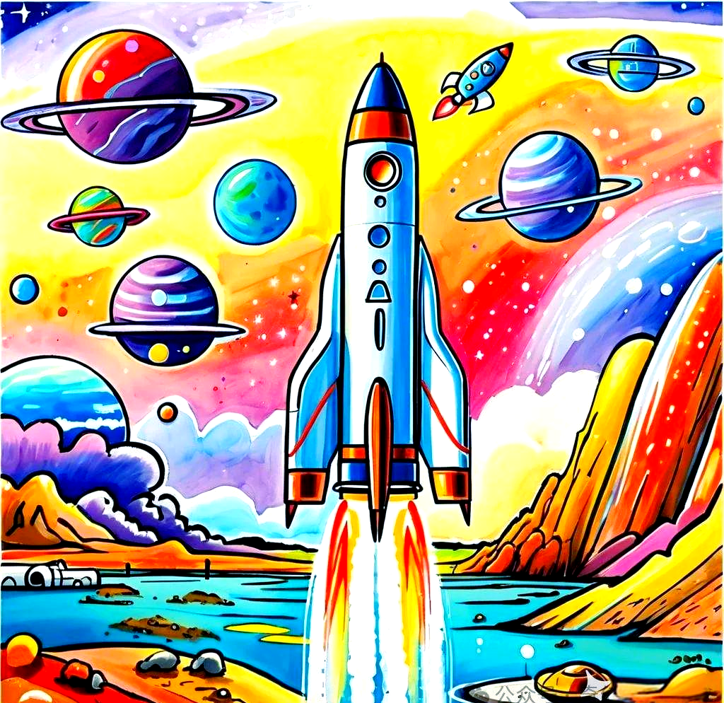 众多科技绘画聚焦航天飞船与火箭发射,附详细创作思路