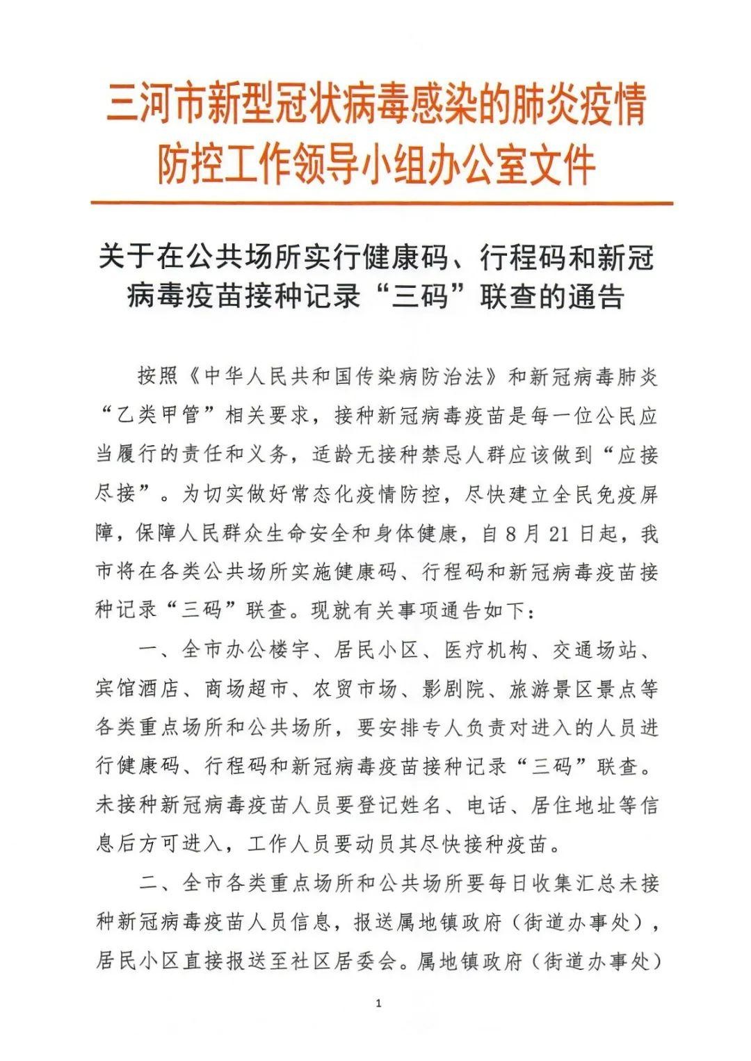 河北三河:8月21日起"三码"联查!