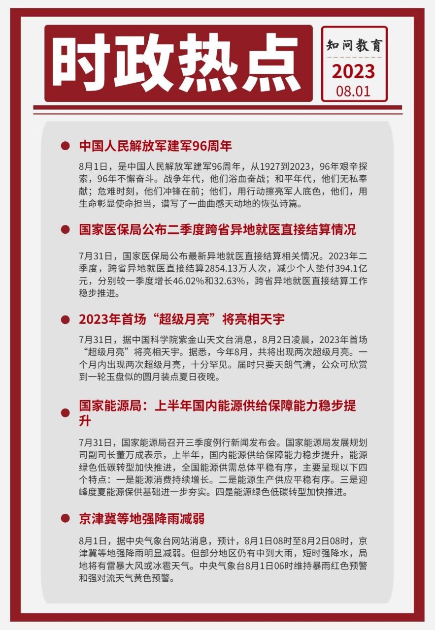 每日时政20230801  思想自觉是根基,行动自觉是归宿.