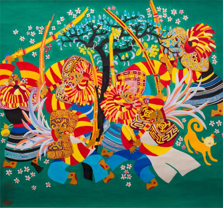 「多彩贵州 文化瑰宝」水城农民画:《苗家拜花树》