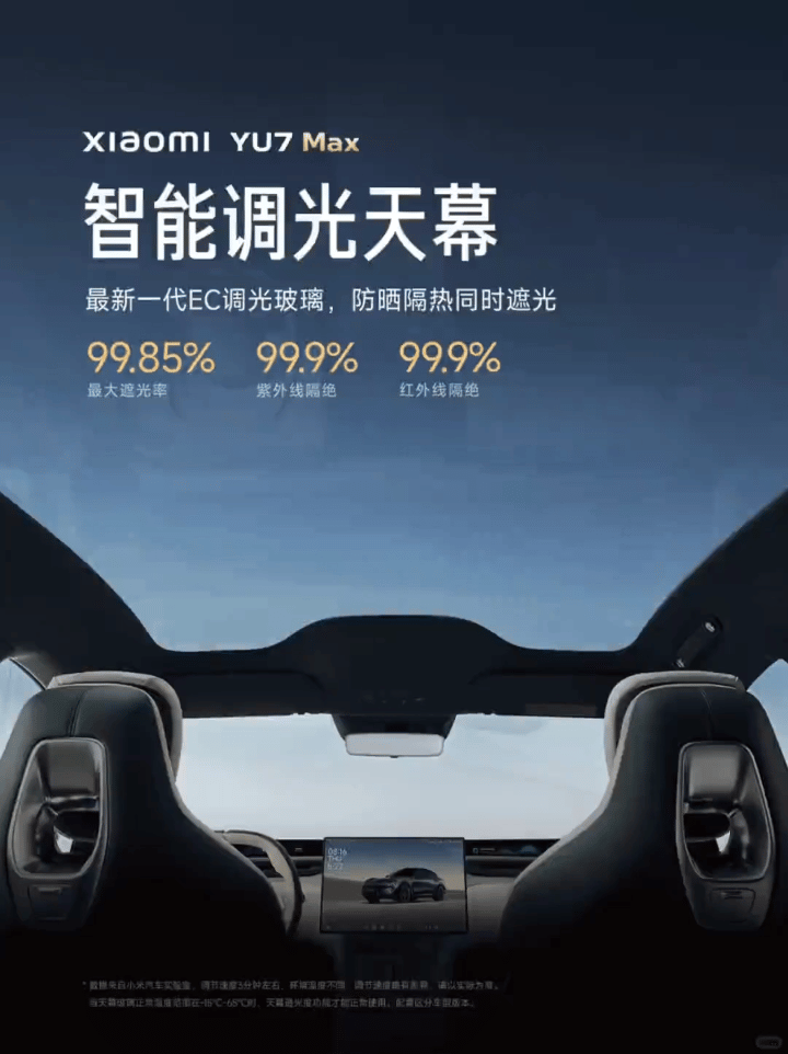 小米YU7 Max搭载光羿新一代电致变色(EC)智能调光天幕,正式发布-有驾 小米YU7 Max搭载光羿新一代电致变色(EC)智能调光天幕,正式发布-有驾