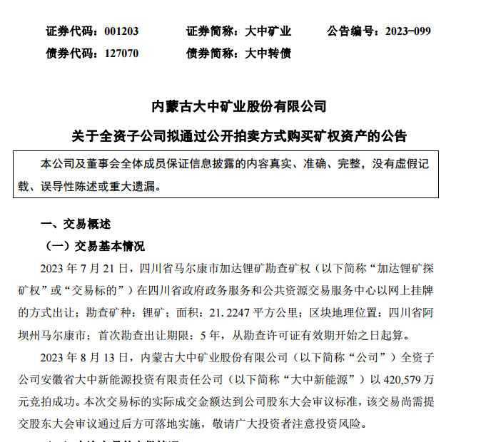 大中礦業42億買下四川鋰礦 將用鐵礦業務現金流和貸款融資方式支付