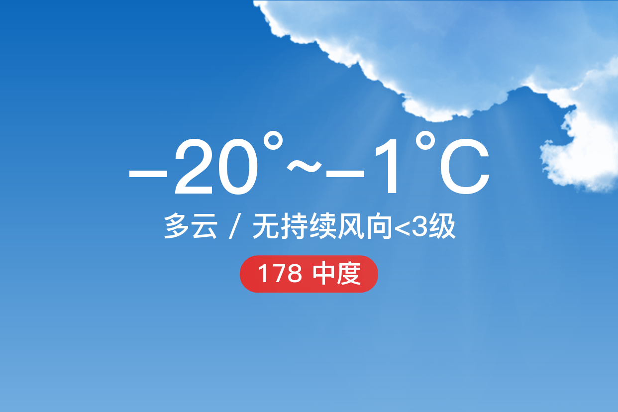 「克州乌恰」1/19,多云,-20~-1℃,无持续风向 3级,空气质量中度污染