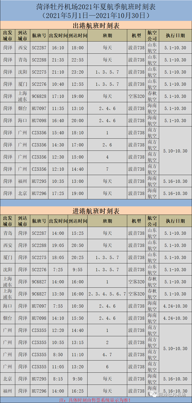 菏泽机场航班表图片