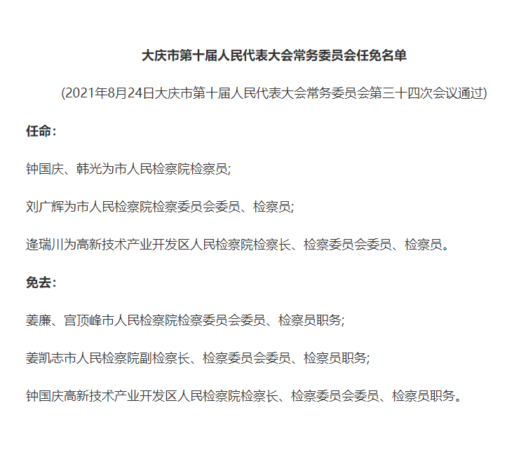 2021/08/24 人事任免 经2021年8月24日大庆市第十届人民代表大会