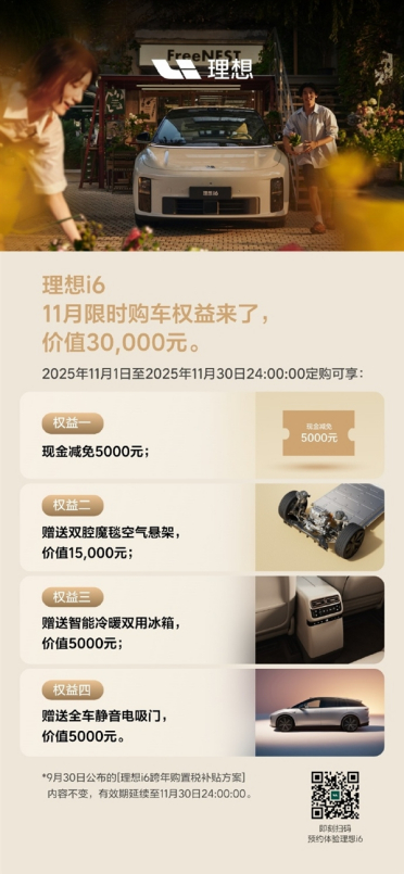 理想i6限时享3万元：赠空气悬架、冰箱、电吸门