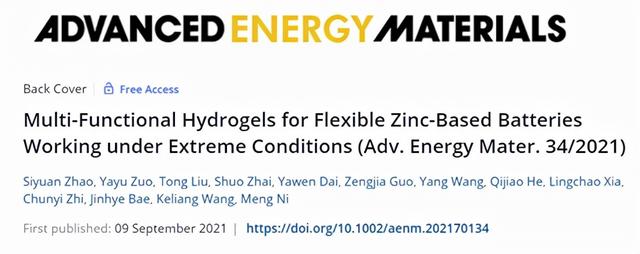 王克亮/倪萌《aem》又收录一封面:极端条件水凝胶柔性锌基电池