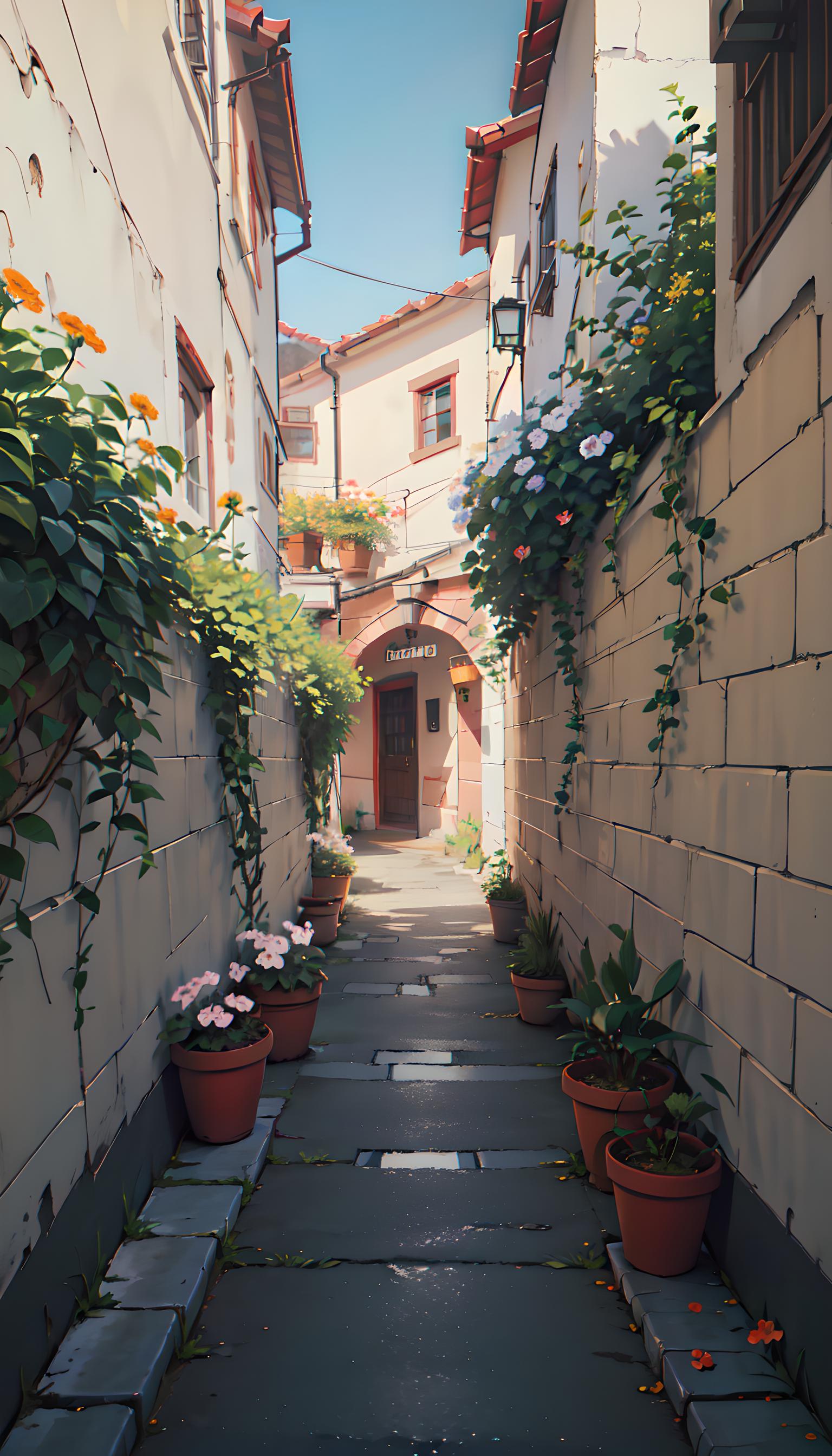 ai意大利小巷 红砖墙 石板路