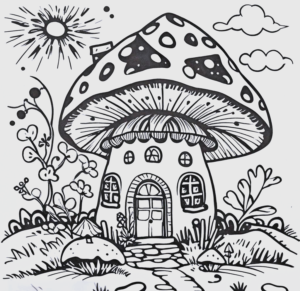 蘑菇主题的黑白线稿创意儿童画手绘指南