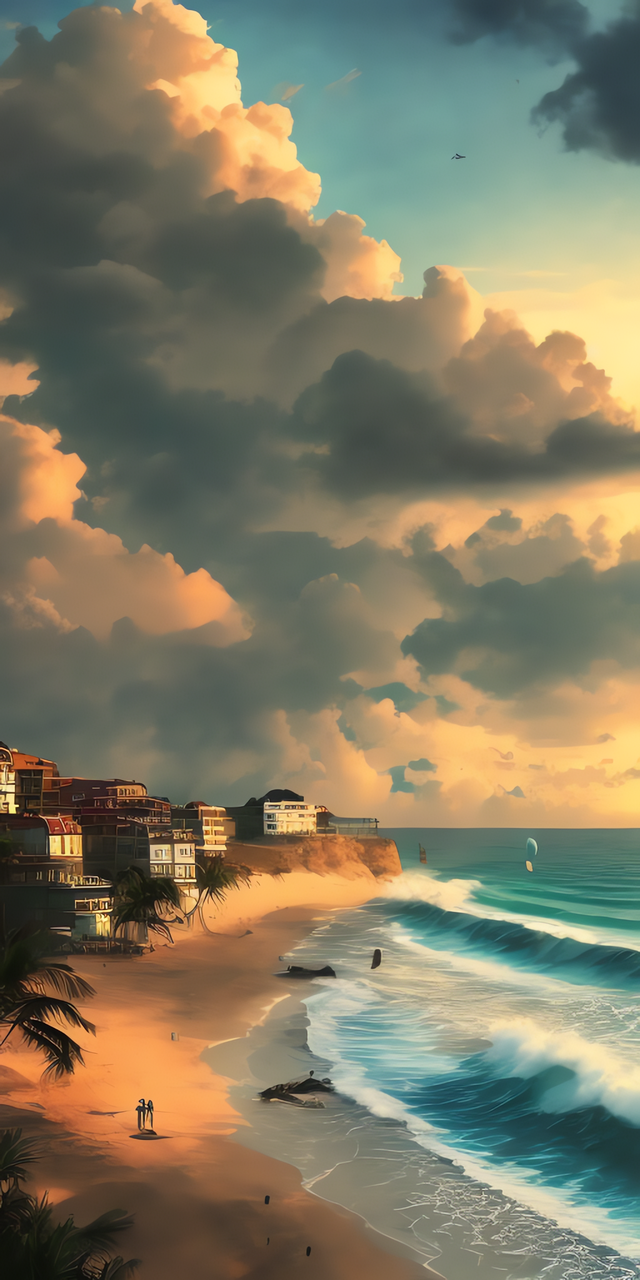 手机壁纸,海滨小城,白云,夕阳,大海和沙滩,美丽的度假胜地