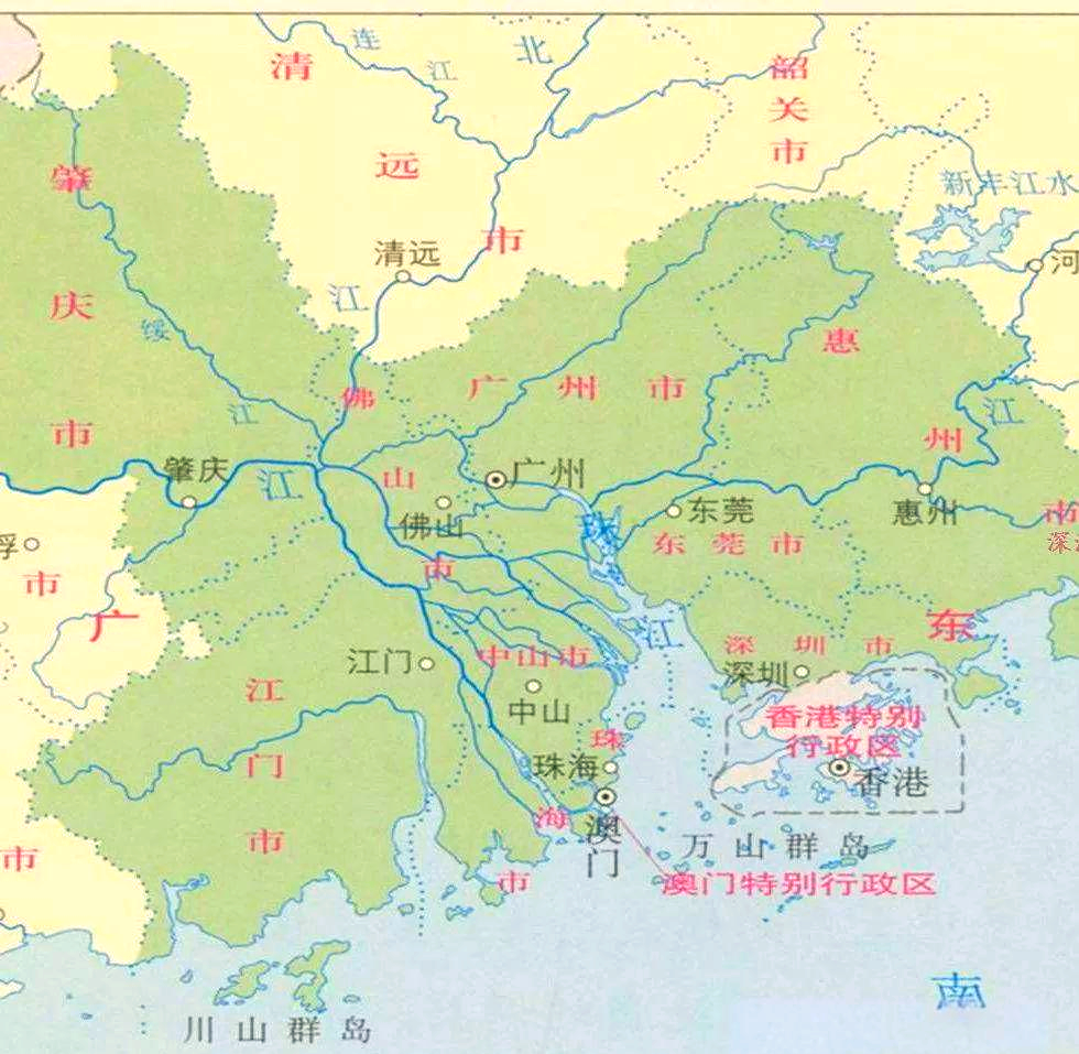 两广地区的城市与河流紧密相连,这一点从下图中得到了充分体现:珠江