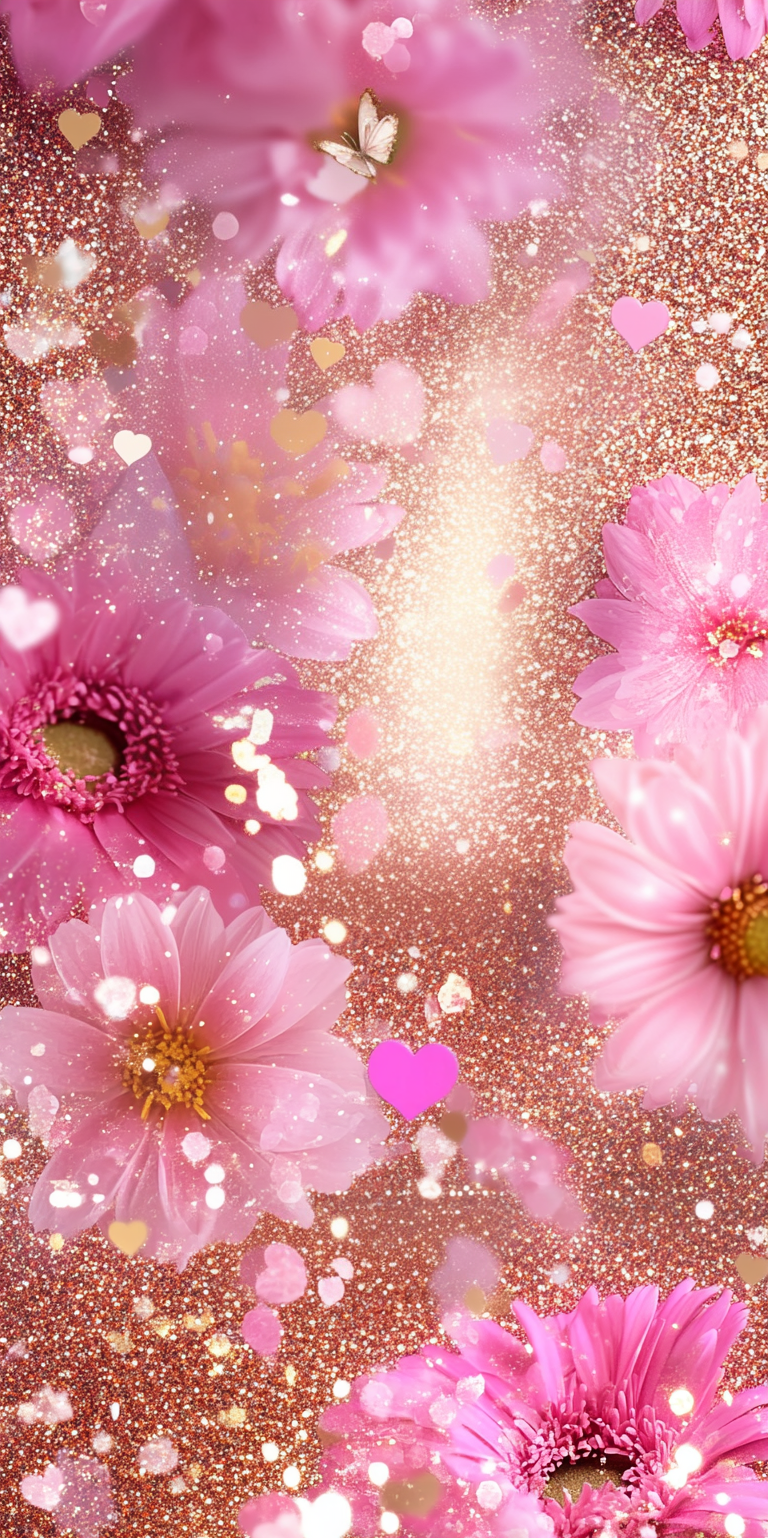 手机壁纸精选:粉色花朵与金色心形交织的梦幻浪漫