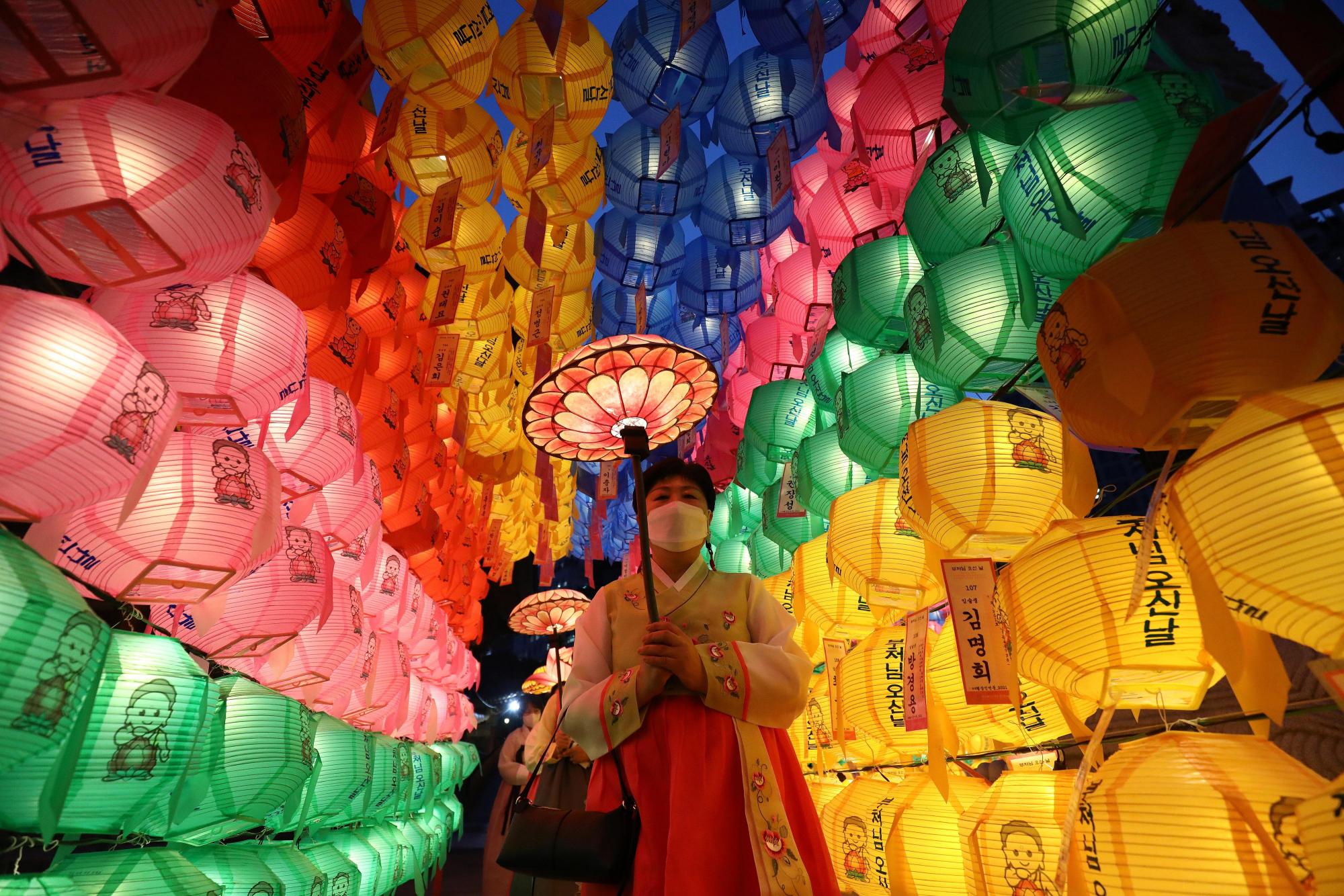 韩国民众花灯下迎接佛诞节