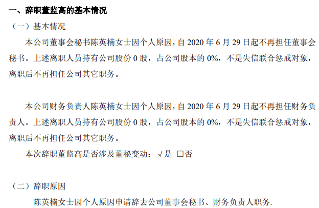 永恒股份财务负责人陈英楠辞职 不持有公司股份