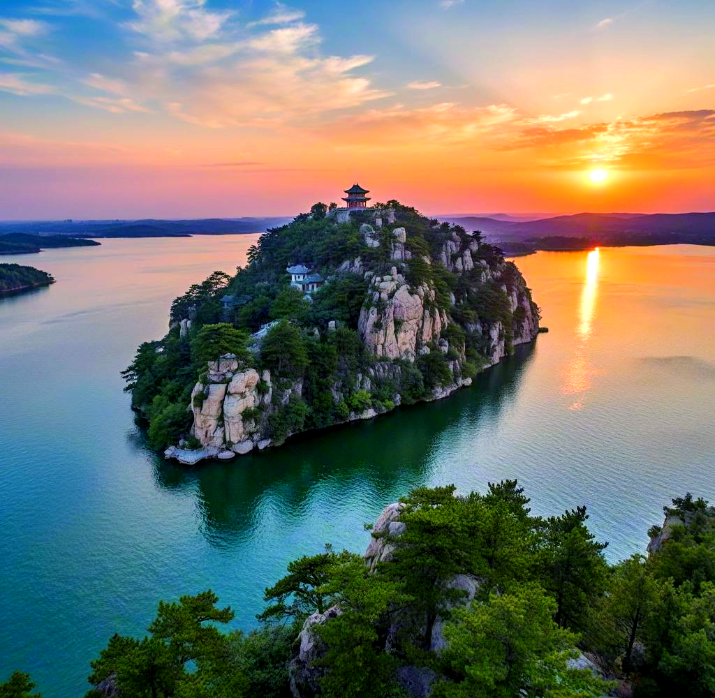 文亭山夕照:湖心古寺的诗意画境
