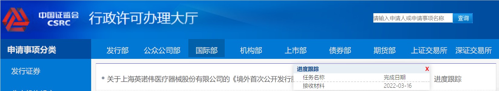 证监会:上海英诺伟医疗器械股份有限公司境外首次公开发行股份申请已