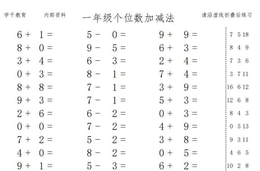 小学1年级个位数加减法练习(带答案版)