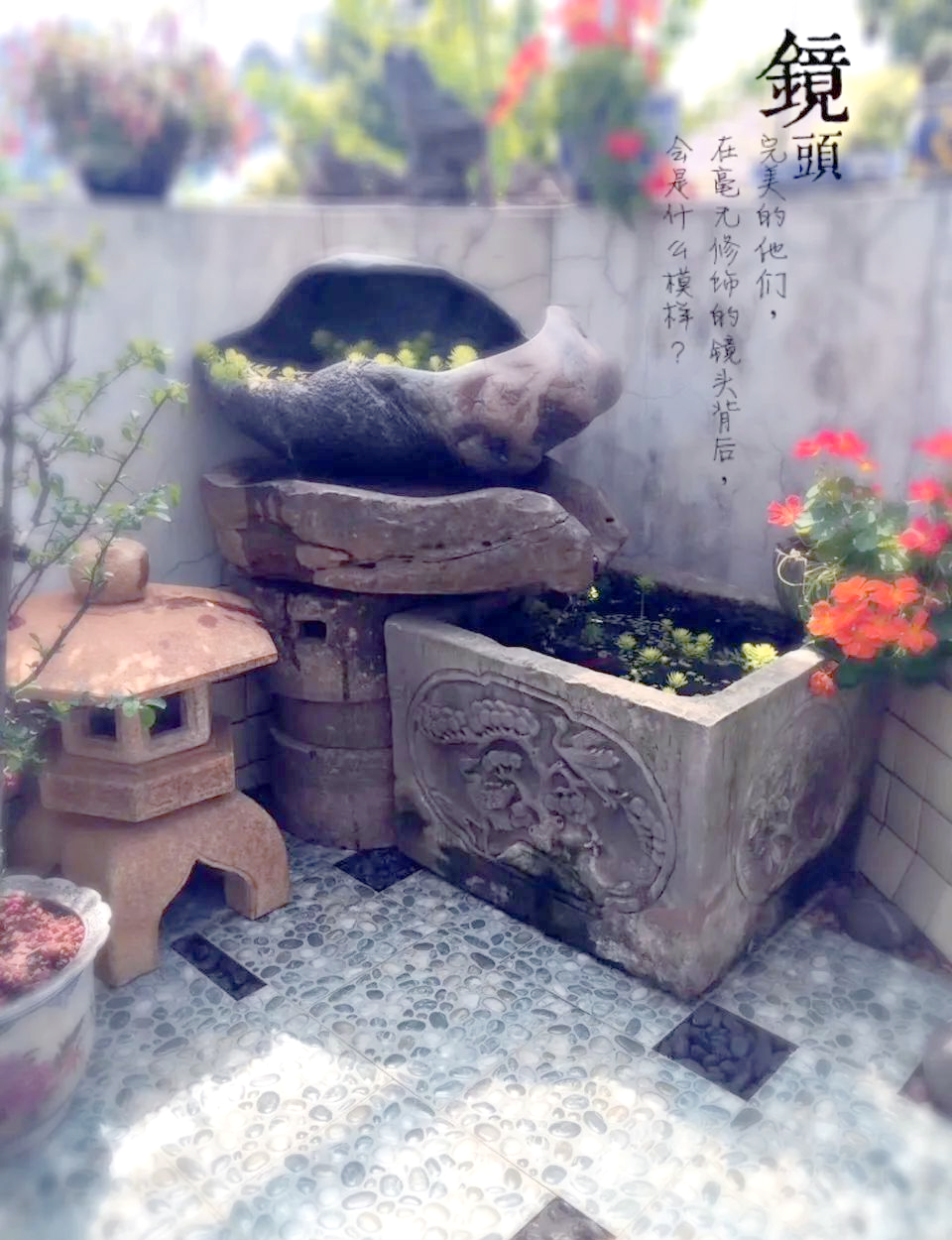 在庭院中巧妙布置石磨,中间部分精心设计成水池,让流水轻轻淌过,发出