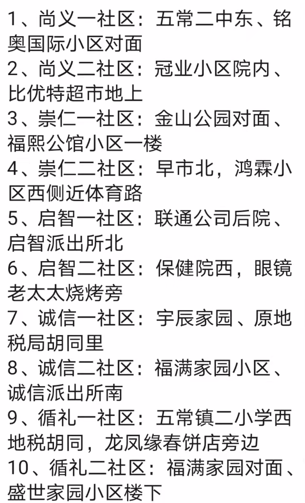 五常镇内十个社区设置了核酸采样点 如下