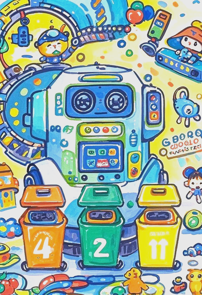 众多未来智能垃圾分类儿童科幻绘画作品,展现智能机器人与环保的完美