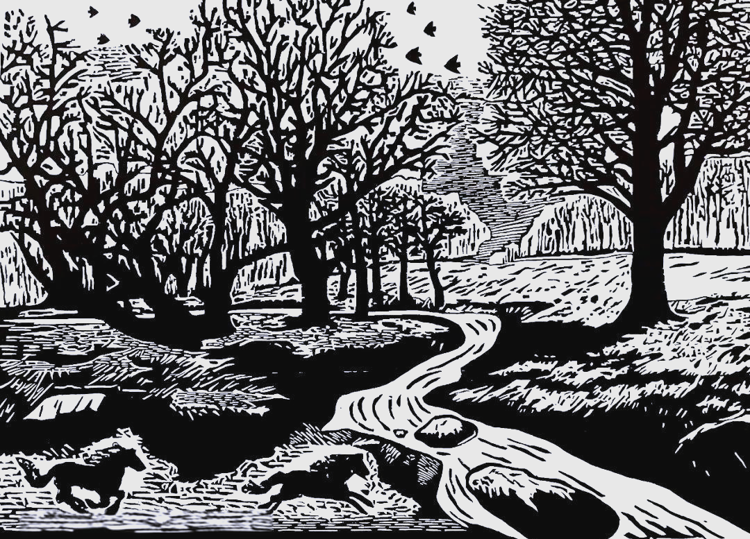 《乡村风景》 木版画 邵金叶在这幅木版画中,邵金叶以细腻的笔触描绘