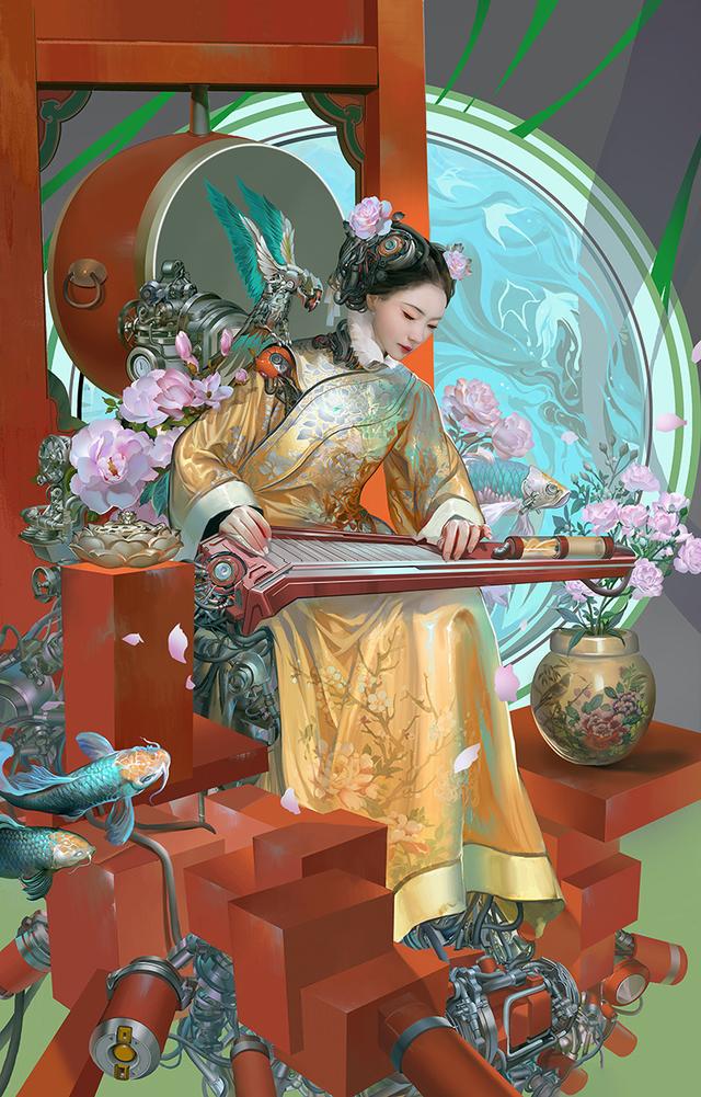 国风美女机械风格插画作品