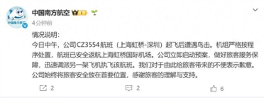 雷达罩疑脱落！上海飞深圳航班遭鸟击紧急返航 南航通报