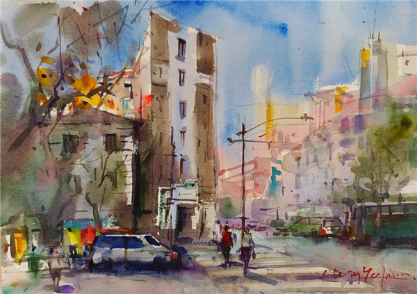 十一幅水彩绘出南昌路上的阳光,绘出梧桐树下的人影