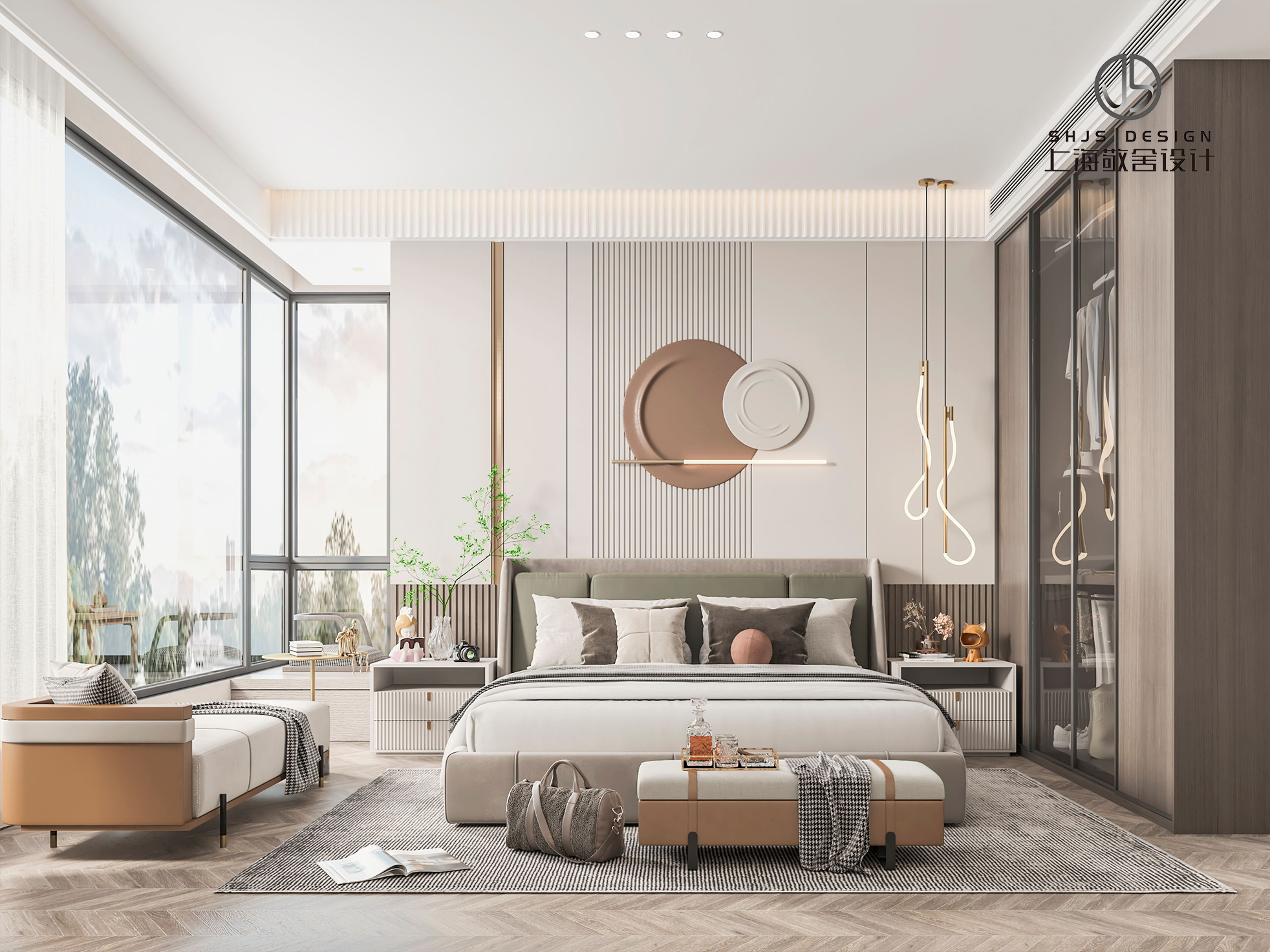 主卧风格延续现代轻奢风格,如此开阔的视觉,透过窗户把室外的景色引入