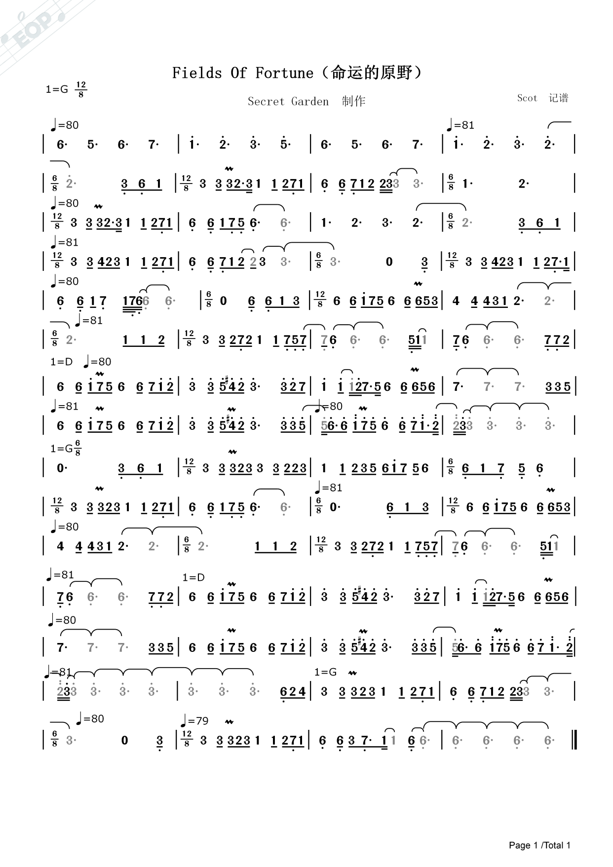 「神秘园纯音乐」fields of fortune(命运的原野)——动态简谱