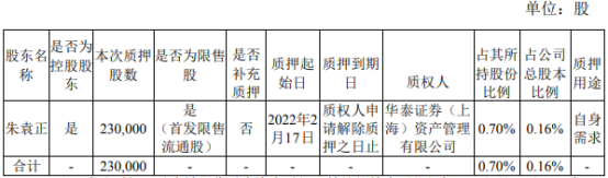 新洁能控股股东朱袁正质押23万股 用于自身需求