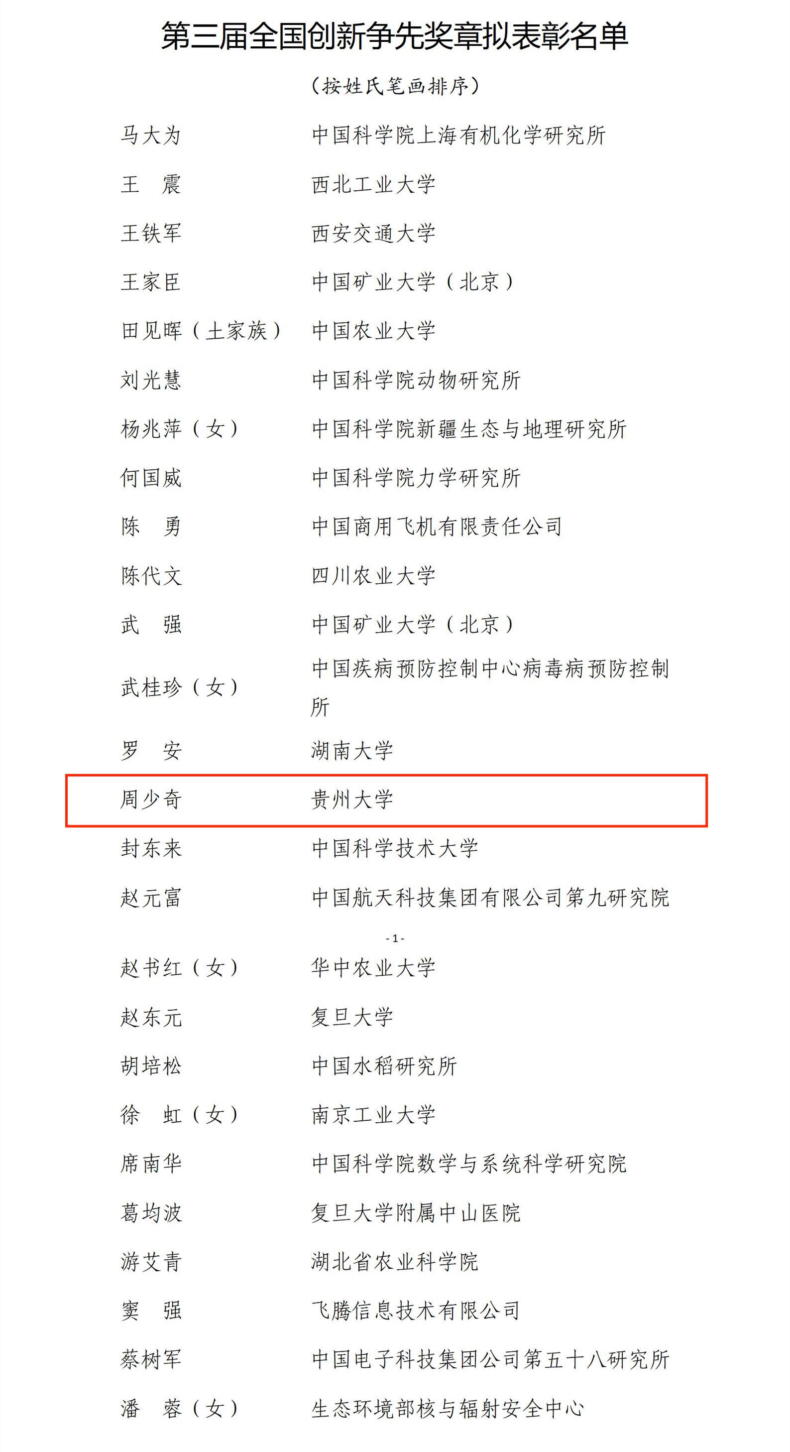 贵州科学家周少奇拟获第三届全国创新争先奖章