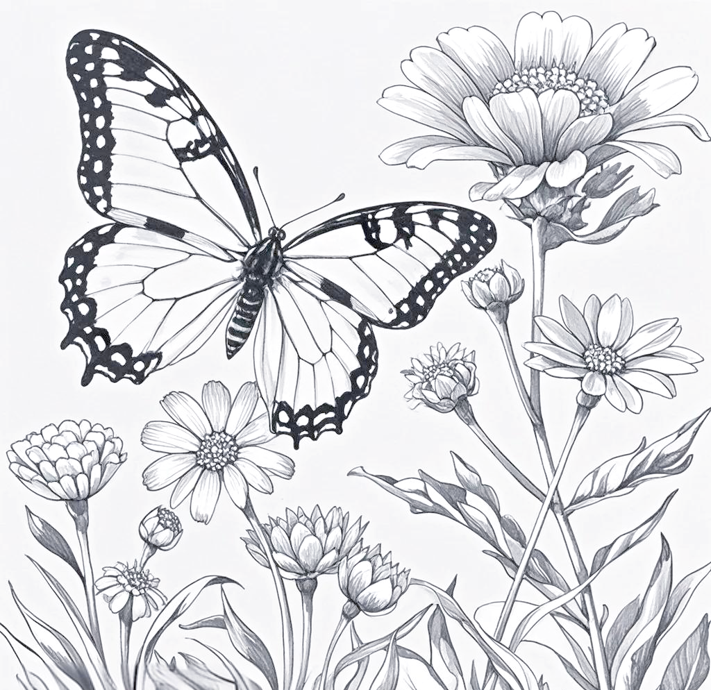 湖中荷花与花海蝴蝶的线描技巧探索