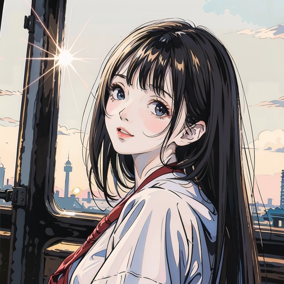 高清插画 - 夕阳下的小女孩