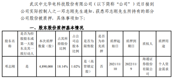 中元股份实际控制人邓志刚质押489万股 用于个人资金需求