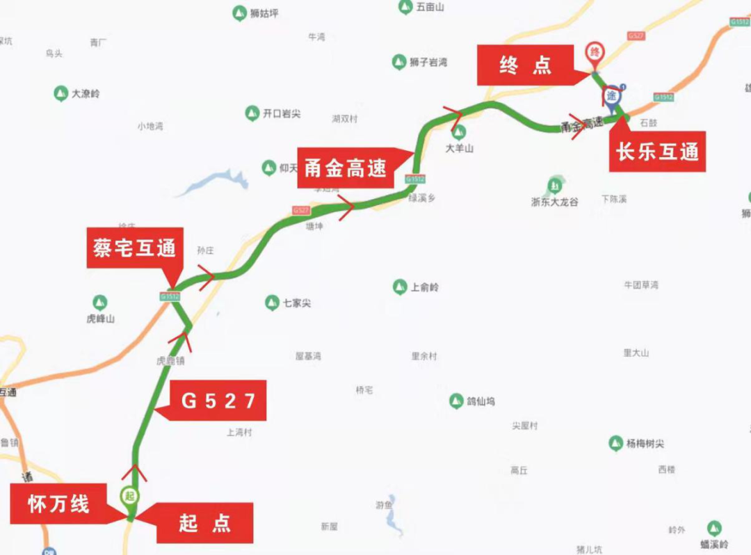 绕行方案二经g527国道至甘霖互通上甬金高速(g1512)到蔡宅互通下.