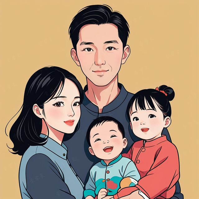 亲子头像|一家四口姐弟插画创意头像