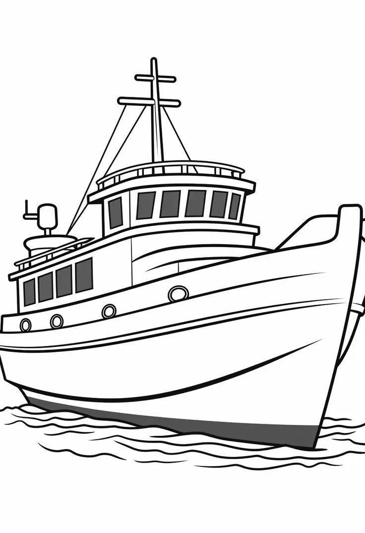 轮船交通工具简笔画线框图涂色指南