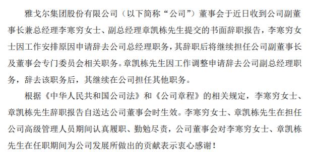 雅戈尔副董事长兼总经理李寒穷辞职 聘任邵洪峰为总经理 2020年李寒穷