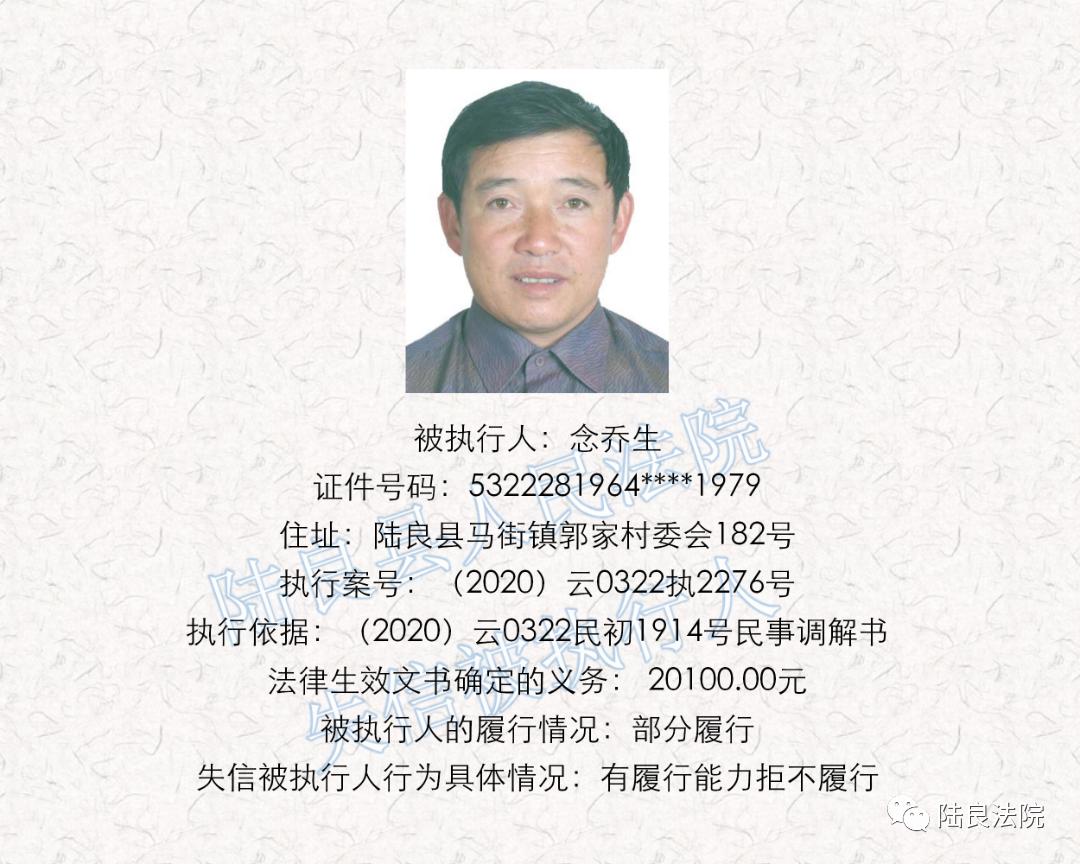 【曝光台】陆良县人民法院失信被执行人名单(第二十一期)