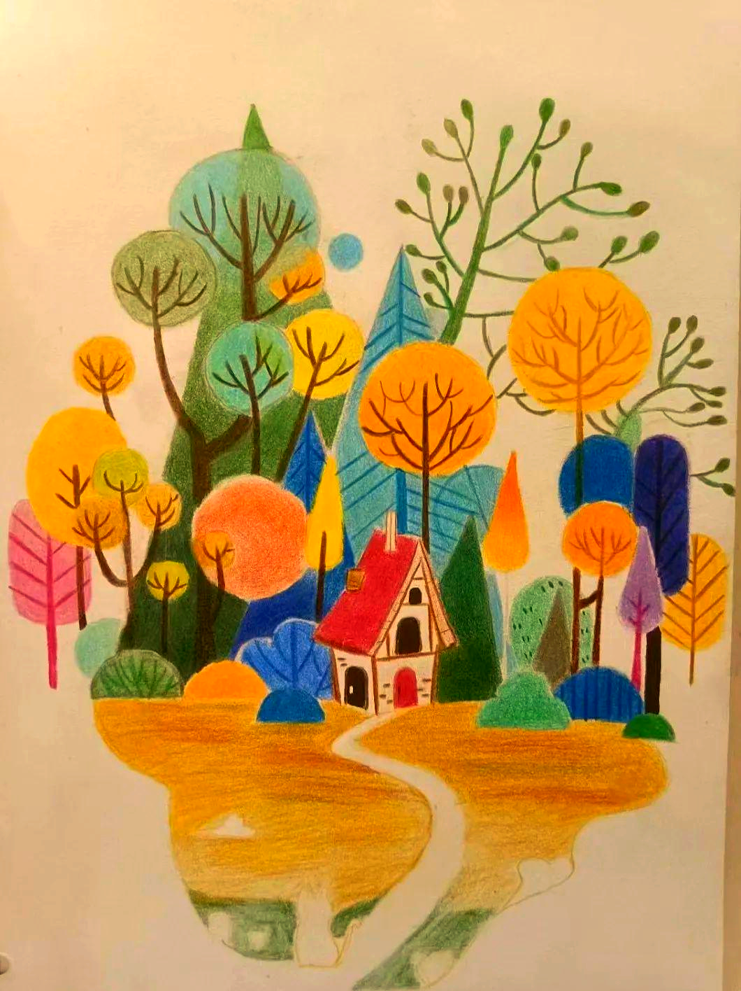 彩铅描绘校园秋日美景