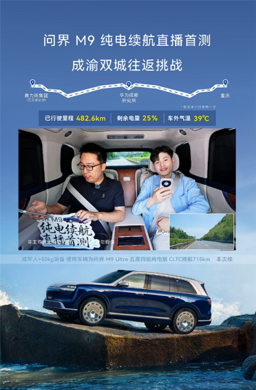 已行驶482公里剩余电量25% 问界M9 EV挑战往返600km不充电！