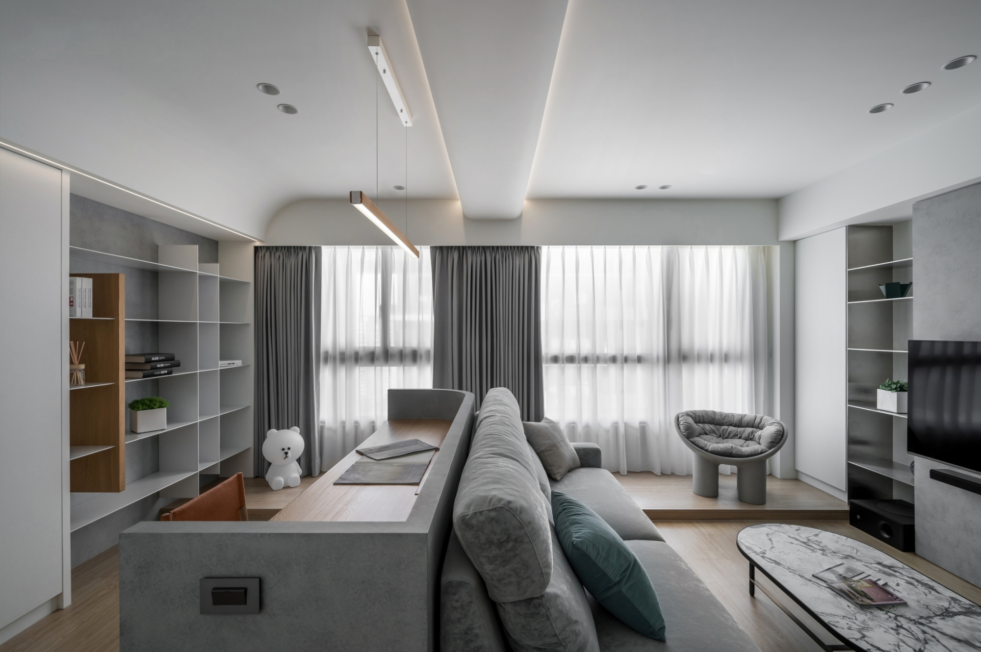 客厅 书房的组合,看我们是如何处理客厅中间的大梁的