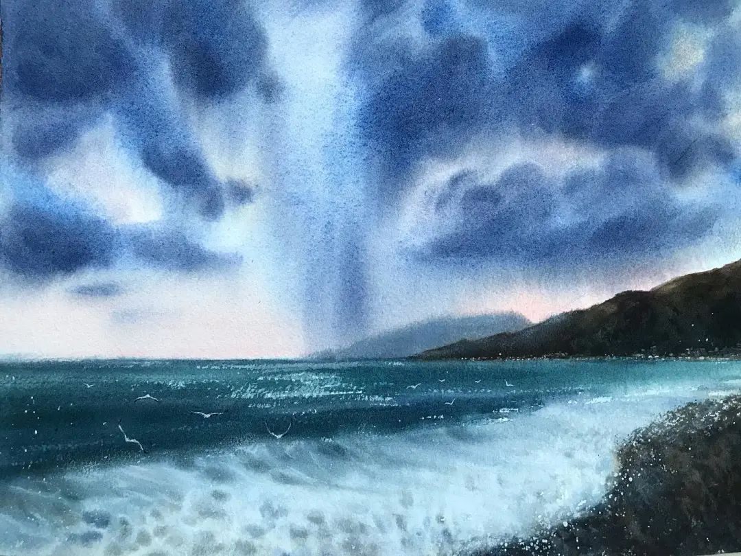 水彩|水彩风景 黄昏晚霞 水天一色 天空 水面的刻画 艺术家Марин